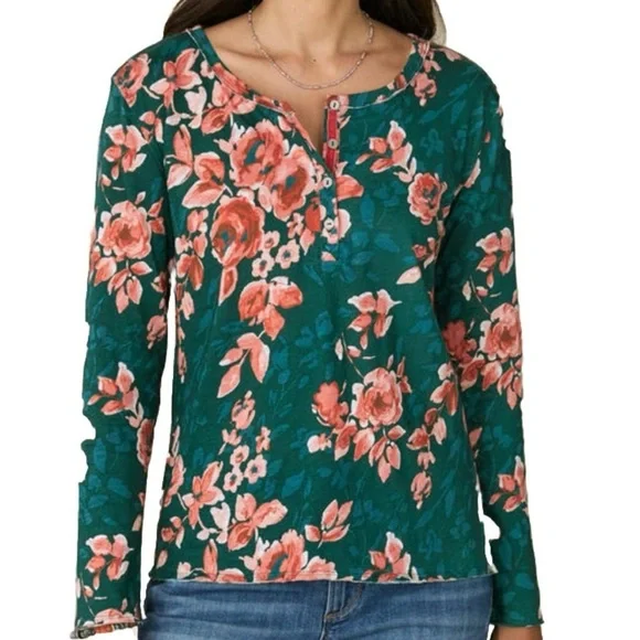 SUNDANCE Rosey Delights Henley Metallic Buttons Floral Top Blue Size Medium - Picture 11 of 14